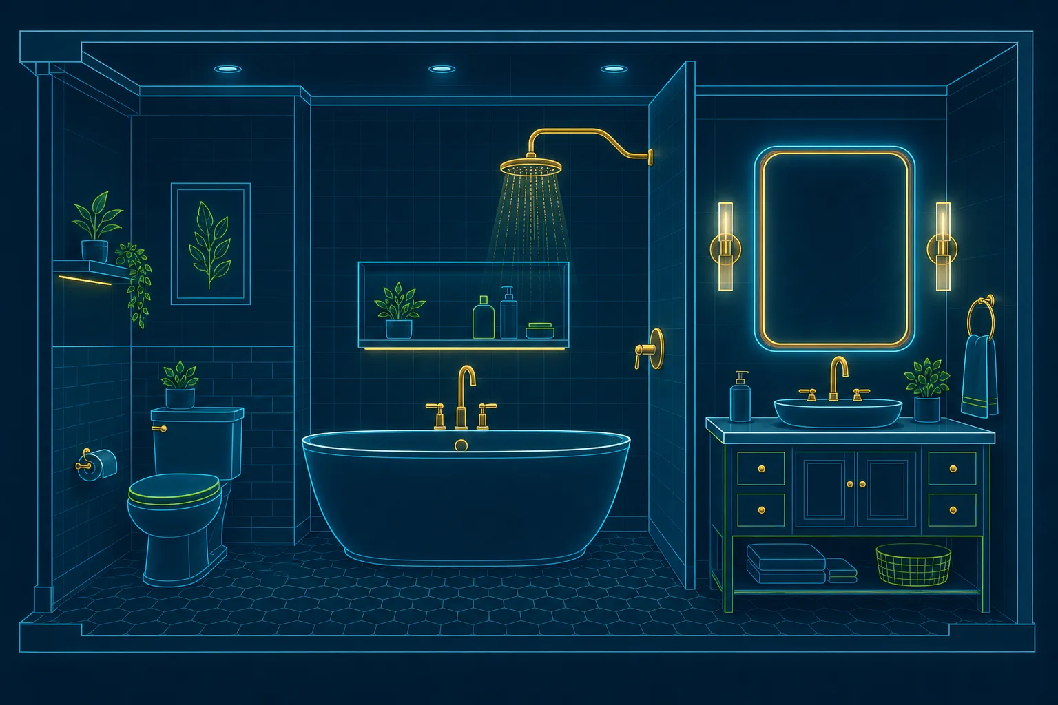 Illustration of a bathroom with common plumbing fixtures